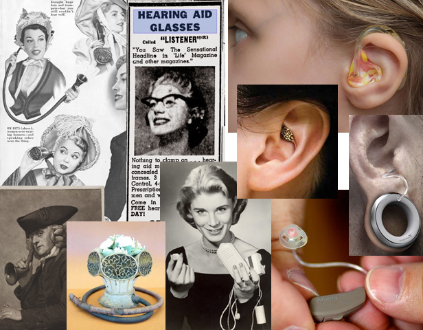 Collage of hearing aids throughout history