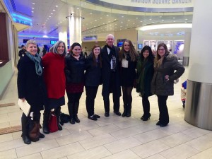 Stephanie (far right) with President Donald P. Christian (middle), Vice President for Development and Alumni Relations Erica Marks (second from left), Development Program Director Lisa Sandick (far left), and fellow Honors students on a trip to Madison Square Garden.