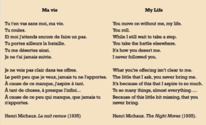 Screenshot of poem La nuit remue by Henri Michaux in French and English side by side