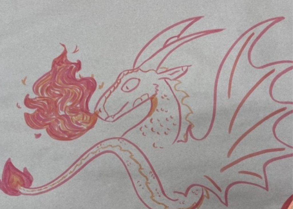 A red fierce, fire breathing dragon with powerful wings and piercing horns. The scaled tail is wrapped around the beast