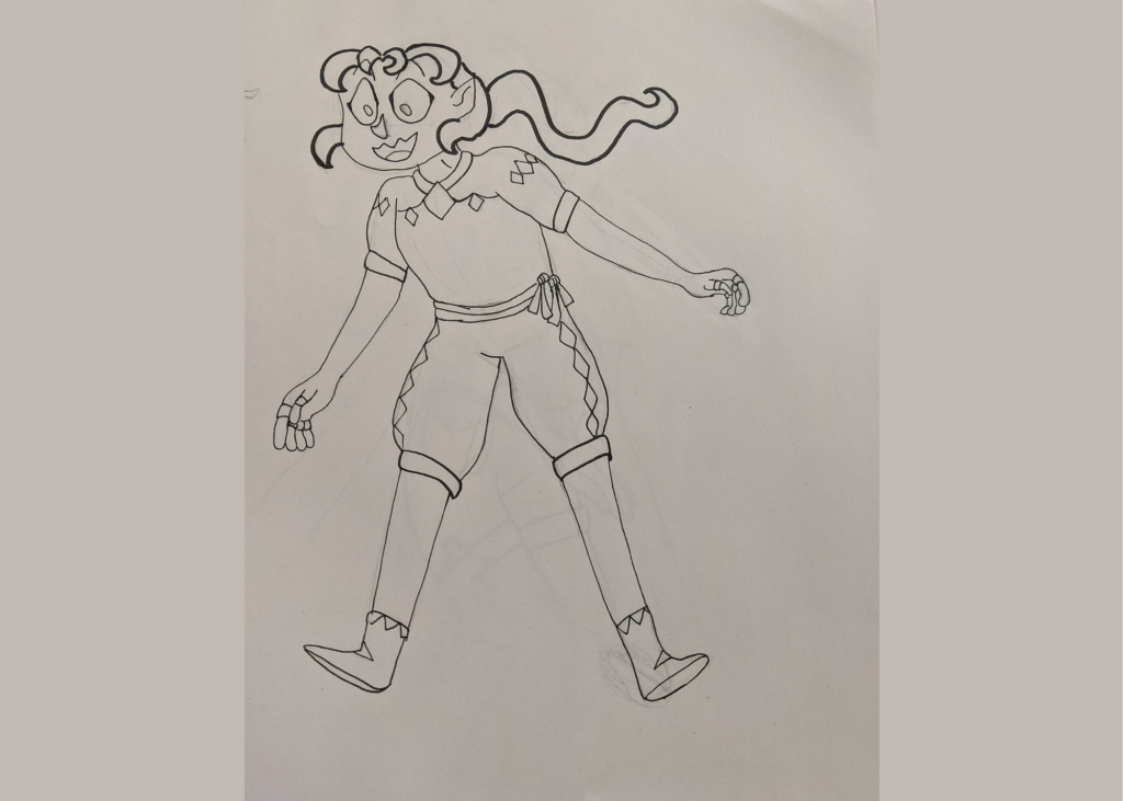 This is a hand drawing of an elf using black ink on white paper. The elf has a long wavy ponytail and bangs. The elf has large eyes, a pointy ear, and a smiling mouth. The elf is wearing a shirt, shorts, and boots decorated with a diamond pattern. A belt is tied around the waist with two bows on the side. The elf is wearing a ring on each finger. 