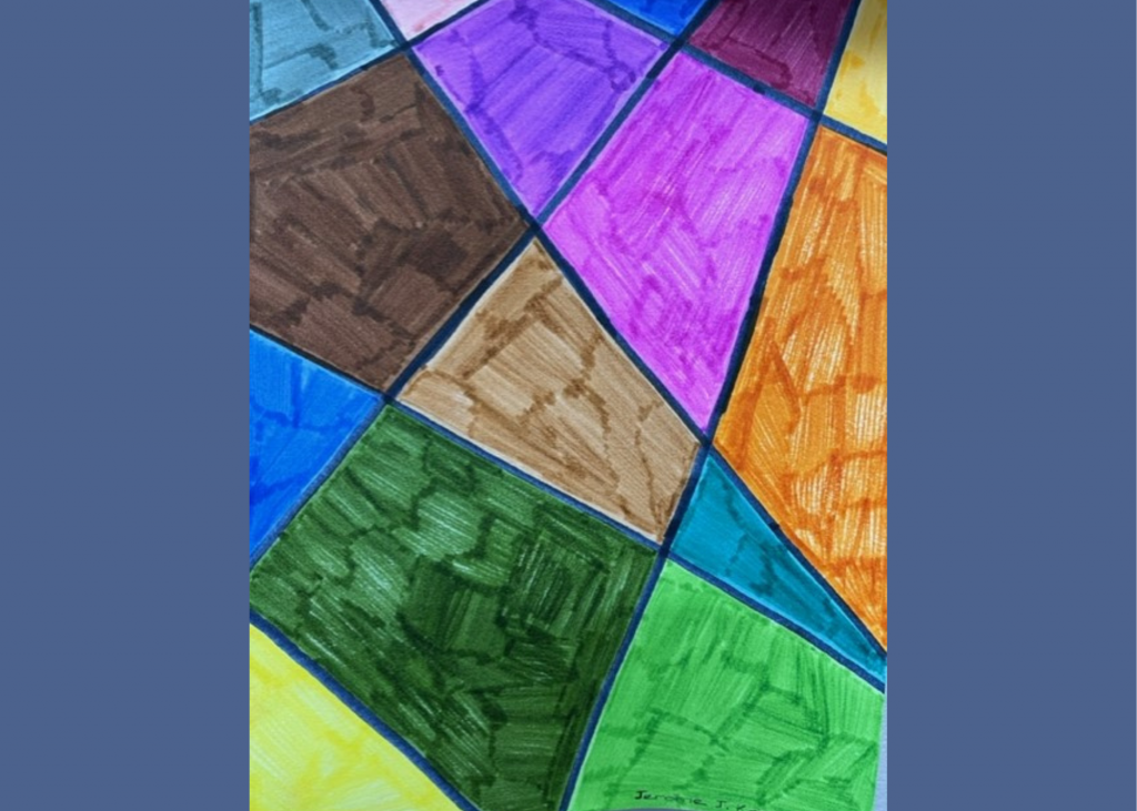 This artwork is drawn with colorful ink on paper. Fifteen four-sided shapes of varying sizes are drawn in shades of brown, purple, yellow, blue, orange, and green. Each shape is surrounded by a navy-colored border. The artist’s signature is written on the lower right-hand side. 