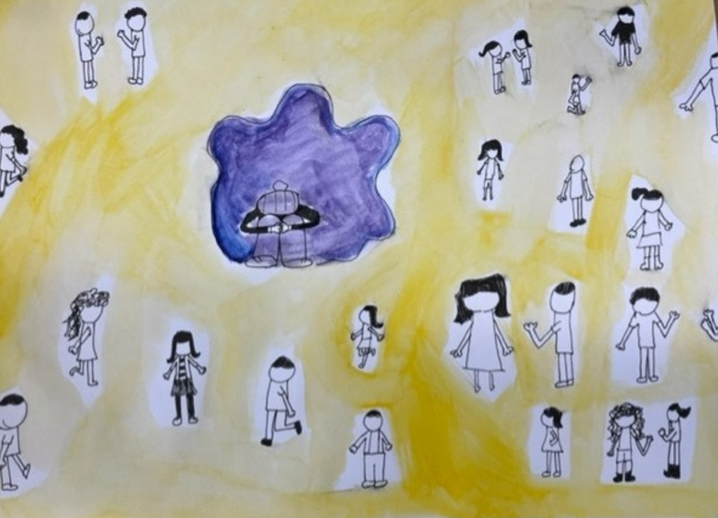 The center of the artwork is a person resting their head on their knees and wrapping their arms around their knees. The person is wearing a hat, black shirt, and pants. The person is surrounded by a purple wavy-like structure. Outside of the purple structure are 23 people wearing different outfits and having different hairstyles. The people outside the purple structure are surrounded by yellow. Some of the people surrounded in yellow are facing one another and some are alone. 
