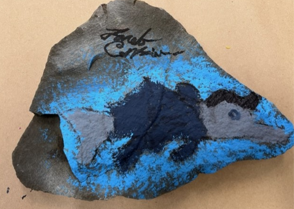 This is a painting of a Dolphin on a gray stone. A light blue background is painted on the lower portion of the stone. A gray dolphin with a blue eye is wearing a Navy hooded sweatshirt. Short black hair is painted on the dolphin's head. The artist’s signature is written in the top portion of the stone. 